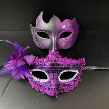 2pcs Unisex Shiny Venetian Style Plastic Masks, Black & Gold Color, Lightweight & Comfortable, Suitable For Halloween, Masquerade Or Theme Events - Multicolor - View 3