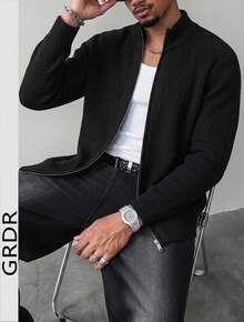 GRDR 男士立领长袖双排扣链条开襟针织衫，百搭日常穿着上衣 - 黑色 - 查看 2