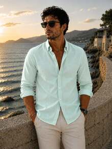 100% Cotton Linen, Breathable, Lightweight, Button-Down Collar, Men's Linen Shirt - Mint Blue - View 2