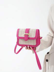 Sac en paille tressée pour femmes, sac bandoulière patchwork minimaliste à la mode, sac carré polyvalent de petite taille, mini sac carré, paille tressée avec matériau PU - Rose vif - Voir 1