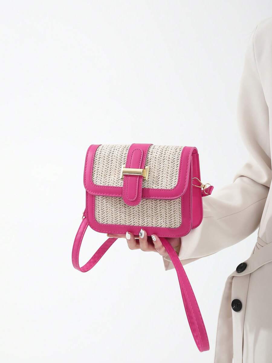 Sac en paille tressée pour femmes, sac bandoulière patchwork minimaliste à la mode, sac carré polyvalent de petite taille, mini sac carré, paille tressée avec matériau PU - Rose vif - Voir 1