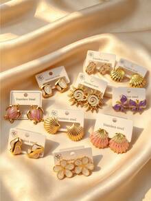 4/8/12 piezas Pendientes de tortuga de acero inoxidable con esmalte dorado - Accesorios de playa para mujer - Estilo de verano - Adecuado para salidas a la playa, fiestas en la piscina y uso diario - Multicolor - Ver 1