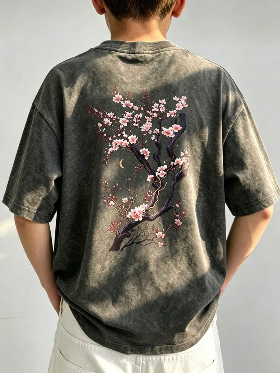 Tween Boy Printed Pullover Washed Short Sleeve T-Shirt, Student Young Children's Clothing, Summer Top Ready For Play, Suitable For Autumn/Winter Layering, INS Casual Street Beach Vacation Airport Breakfast School Daily Outfit, Versatile Styling - Dark Grey - View 1