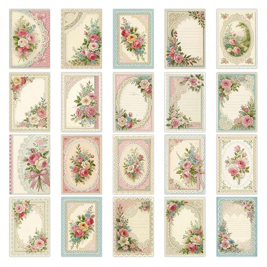20pcs Vintage Lace Floral Aesthetic Wall Collage Kit, Small Posters For For Home Room Decor, Retro Lace Rose Teen Dorm Photo Wall Art Decor, Postcards, Perfect For Scrapbooking & Crafting - A - View 1
