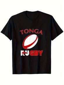 T-shirt da uomo ispirata alla bandiera di Tonga, morbida e confortevole, T-shirt per l'orgoglio del rugby, girocollo, lavabile in lavatrice - nero - Visualizzare 1