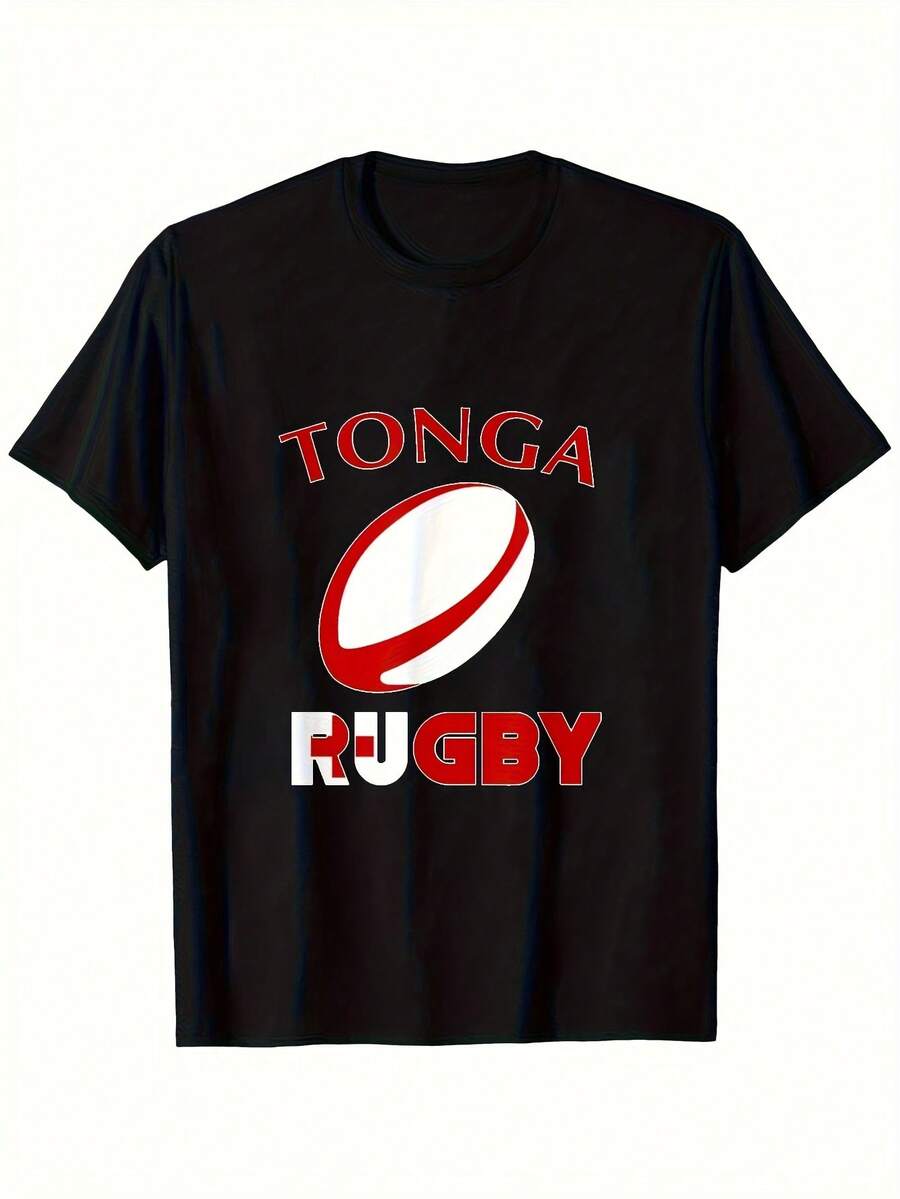 T-shirt da uomo ispirata alla bandiera di Tonga, morbida e confortevole, T-shirt per l'orgoglio del rugby, girocollo, lavabile in lavatrice - nero - Visualizzare 1