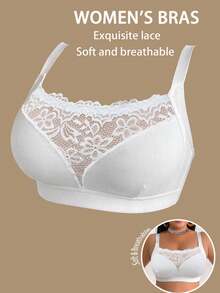 Plus Size Women's Lace Patchwork Wireless Bra, Comfortable Leisure Sports Bra With Breathable Back Design - White - View 3