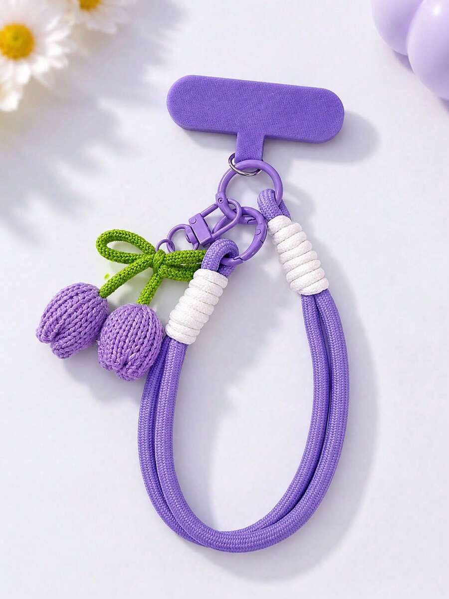 1pc Tulip Knitted Phone Lanyard Wrist Strap, Handmade Crochet Tulip Pendant Phone Bracelet, Phone Accessory Lanyard - Multicolor - View 1