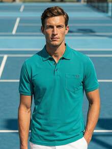 Courvante Men's Summer Solid Purple Polo Shirt, Short Sleeve Button Collared Golf Tennis Old Money Business Casual Top With Pocket - Green - View 2