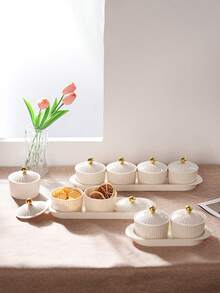 1 Set Transparent/Beige Round Dish Set, Snack Dried Fruit Candy Storage Dish, Luxury Holiday Celebration Food Storage Dish Set - Milky White - View 6