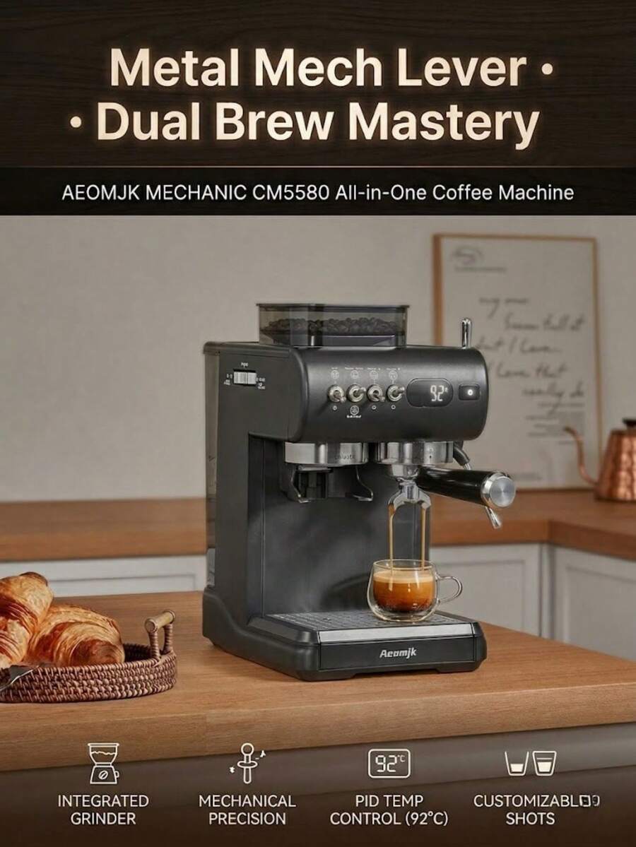 AEOMJK Espresso Machine With Built-In Grinder, Dual Hot And Cold Brewing, Capable Of Making Both Cold And Hot Coffee, Retro Design With Lever Switch, 20BAR Pressure For Extraction, Steam Wand For Frothing Milk, 1.8L Removable Water Tank,
