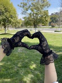 1 Pair Elegant Lace Fingerless Gloves, Suitable For Halloween And Valentine's Day - Multicolor - View 7