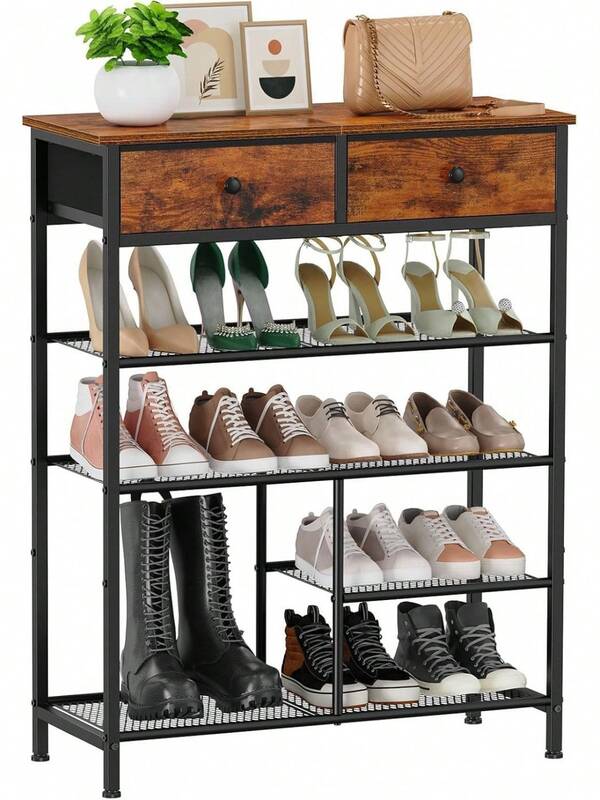 Zapatera Recibidor Entrada, Mueble Zapatero Organizador Madera y Metal, Zapateras Modernas de 5 Niveles para 14 pares, Estante para Zapatos Vertical con 2 Cajones de Tela, 80*30*96CM, Marrón