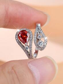 1 Elegant And Stylish Teardrop-Shaped Red Zirconia Open-Band Ring With Full Diamond Setting-Perfect For Banquets Parties Dances Birthdays And Holidays - Silver+Red - View 1