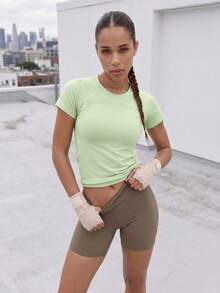 Leorrey 1 pieza Camiseta deportiva de mujer con cuello redondo, manga corta, de malla, cómoda y suave, para senderismo, running, fitness, entrenamiento, tenis y golf - Verde - Ver 3