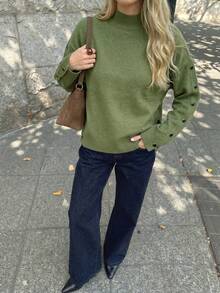 GIGOGOU Atasan Sweater Rajut Leher Tinggi Wanita Musim Gugur/Dingin, Desain Kancing Samping, Gaya Kasual Longgar, Pullover Rajut Lengan Panjang Cocok untuk Musim Gugur - Hijau - View 2