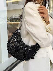 Fashion Solid Color Sequin Crescent Shoulder Bag, Metal Chain Strap, Suitable For Women Shopping, Dating, Gifts And Daily Use - Black - View 4