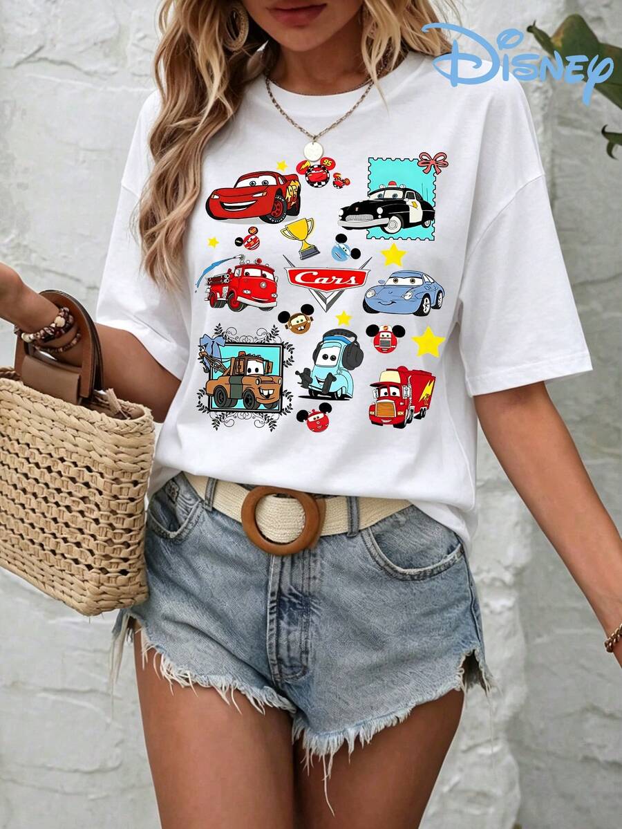 Disney Cars Lightning McQueen & Friends Graphic Tee Women Summer Outfits Casual White Short Sleeve O-Neck T-Shirt Loose Fit Holiday Tee - 白色 - 查看 1