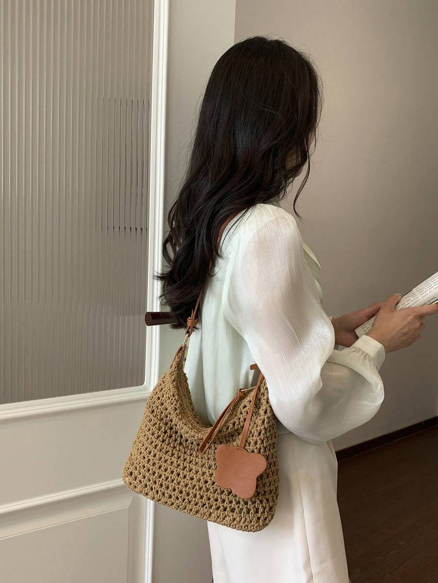 2026 New Woven Bag For Women, Fashion Hollow Breathable Versatile Crossbody Bag, Large Capacity Vacation Beach Shoulder Bag - Khaki - View 1