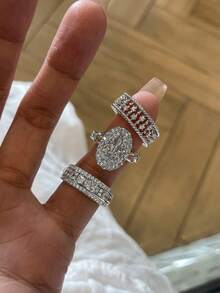 3pcs Old Money Style Cubic Zirconia Geometric Stackable Copper Rings Set, Suitable For Women's Daily And Party Wear - Silver - View 8