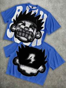 Manfinity Roghcode Men's Oversized Distressed Funny Diamond Teeth Tattoo Big Face Allover Print Cropped Loose T-Shirt (High Quality) - Royal Blue - View 22