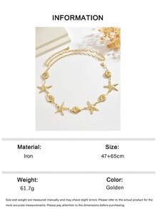 1pc Beach Ocean Style Metal Starfish Waist Chain Exaggerated Sexy Five-Pointed Star Shell Micro-Inlaid Transparent Rhinestone Body Chain Suitable For Women Party And Vacation Wear - Gold - View 7