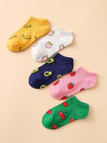 5 pares de calcetines cortos de mujer con estampado de fresa de frutas coloridos y lindos - Multicolor - Ver 2