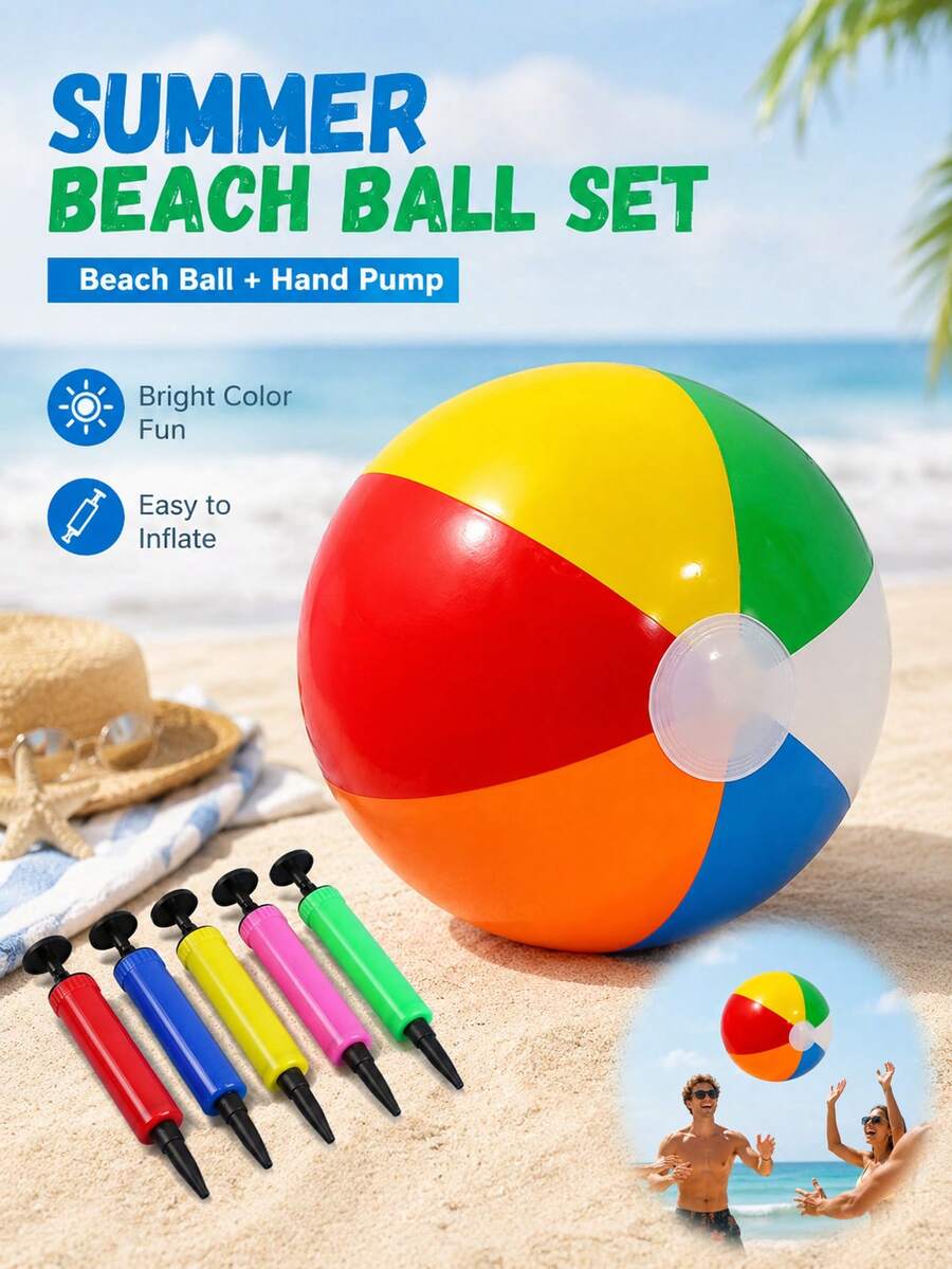 3pcs/1pc- 6 Color Inflatable Beach Ball Set, Comes With Manual Pump, Smooth Thick PVC Foldable Beach Ball, Portable Summer Pool, Beach, Backyard Party Game Toy - 6-color Beach Balls - View 1