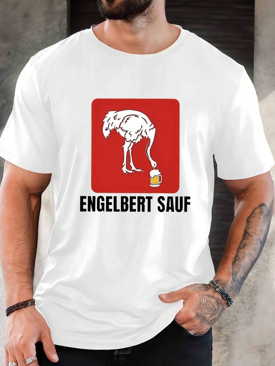Summer Beer Print New T-Shirt Men'S Fun Ostrich Drinking Short Sleeve: White Base With Red Base White Painted Ostrich Pecking Beer Pattern, Featuring - 白色 - 查看 1