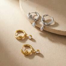 S SHOPBOHO 1 Pair Women's Mini Gold Knot Hoop Earrings, Water Drop Crystal Stainless Steel Twisted Design Pendant Earrings, Daily Casual Party Jewelry - Yellow Gold - View 5