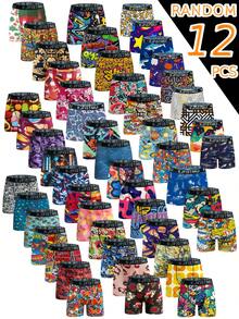 4/8/12/16 Pack Men's Fun Print Boxer Briefs, High Elastic Breathable Polyester Spandex Blend, Abstract Pattern, Daily Sport & Leisure, Cycling Shorts - Multicolor - View 21