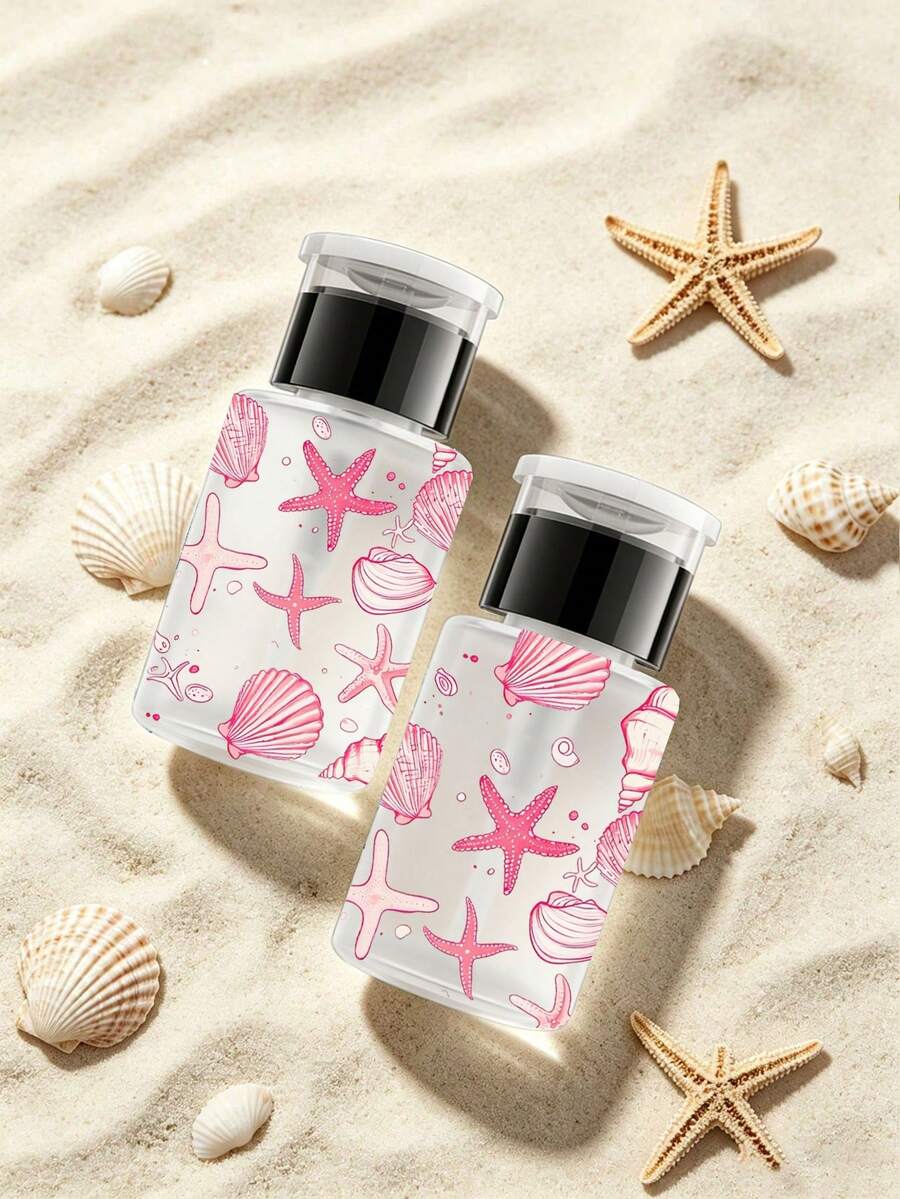 Starfish & Seahorse Pattern Transparent Pet Reusable Travel Bottle, Makeup Remover Dispenser Bottle With Portable Pump Head, Suitable For Nail Polish Remover, Toner And Makeup Remover, Round Top Design, Reusable, Makeup Remover Bottle, Travel Essential - Multicolor - View 1