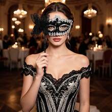 1pc Lace Butterfly Handheld Mask With Stick, Rhinestone Embellished With 3D Butterfly Design, Neat Stitching And Durable, Handheld Design Without Obstructing Vision, Suitable For Balls, Parties, Photography Styling, Exquisite And Versatile - Mask - View 3