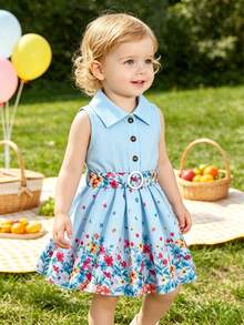 Summer Baby Girl Fresh & Sweet Sleeveless Woven Dress, White Base With Colorful Ditsy Floral, Shirt Collar, Single-Breasted, Matching Waist Belt, A-Line Silhouette - Light Wash - View 1