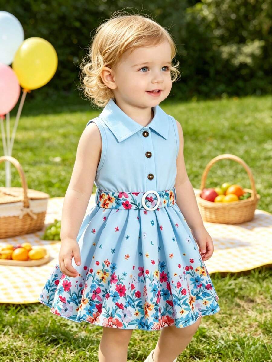 Summer Baby Girl Fresh & Sweet Sleeveless Woven Dress, White Base With Colorful Ditsy Floral, Shirt Collar, Single-Breasted, Matching Waist Belt, A-Line Silhouette - Light Wash - View 1