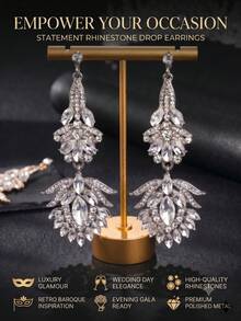 1 par de pendientes de novia largos con colgante exagerado de lujo totalmente de strass, joyería de oreja versátil de strass para fiesta de noche y vestido de boda - Multicolor - Ver 6