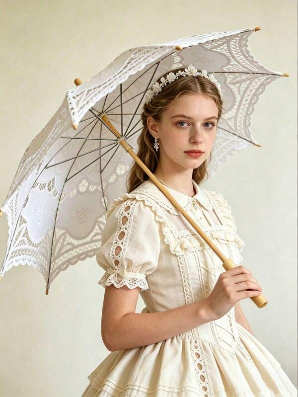 1pc White Lace Princess Umbrella/Sun Protection Umbrella, French Vintage Lolita Umbrella, Japanese Anime COS Prop Umbrella, Girl Party Photo Atmosphere Umbrella, Women's Beach Camping Sunshade Umbrella, Straight Handle Wooden Umbrella