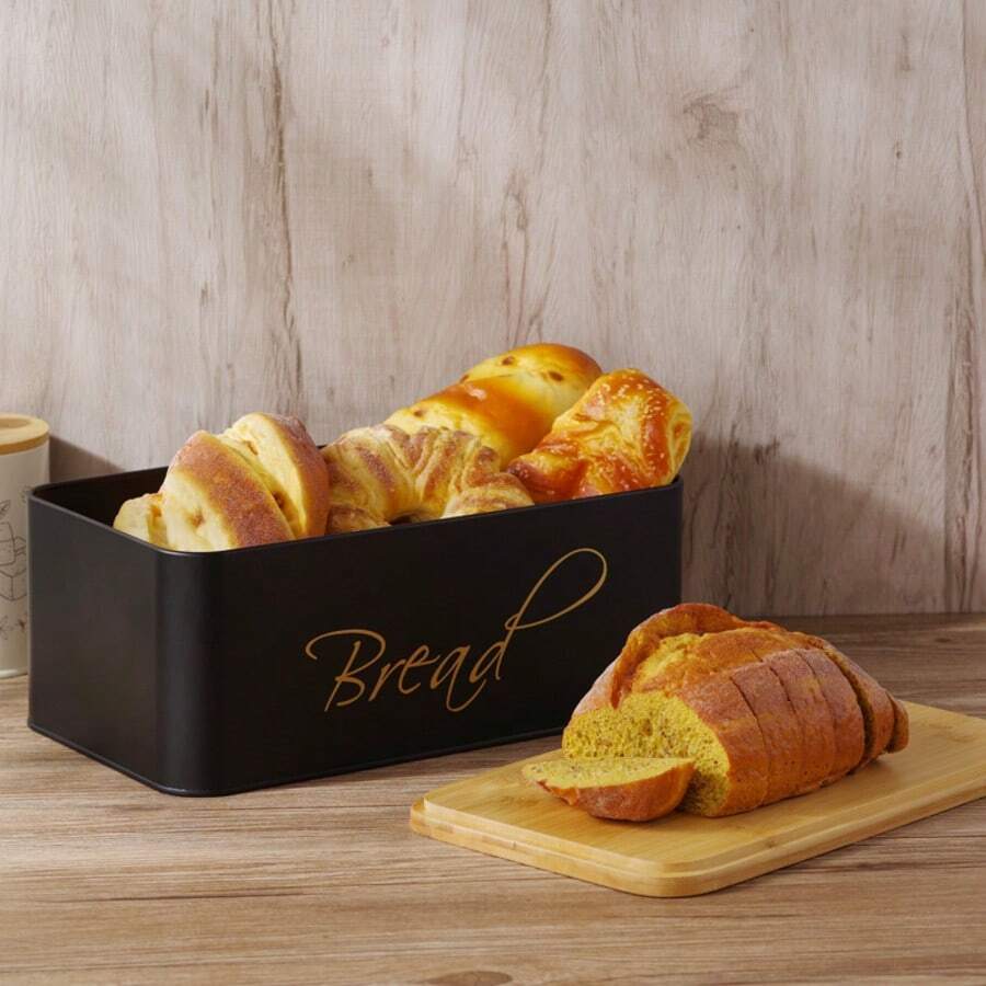 Kotak Roti Logam Besar untuk Meja Dapur, Kotak Roti Modern Hitam dengan Tulisan Emas, Wadah Penyimpanan Roti Hemat Ruang untuk Roti Tawar, Roti Gulung & Kue Pastry