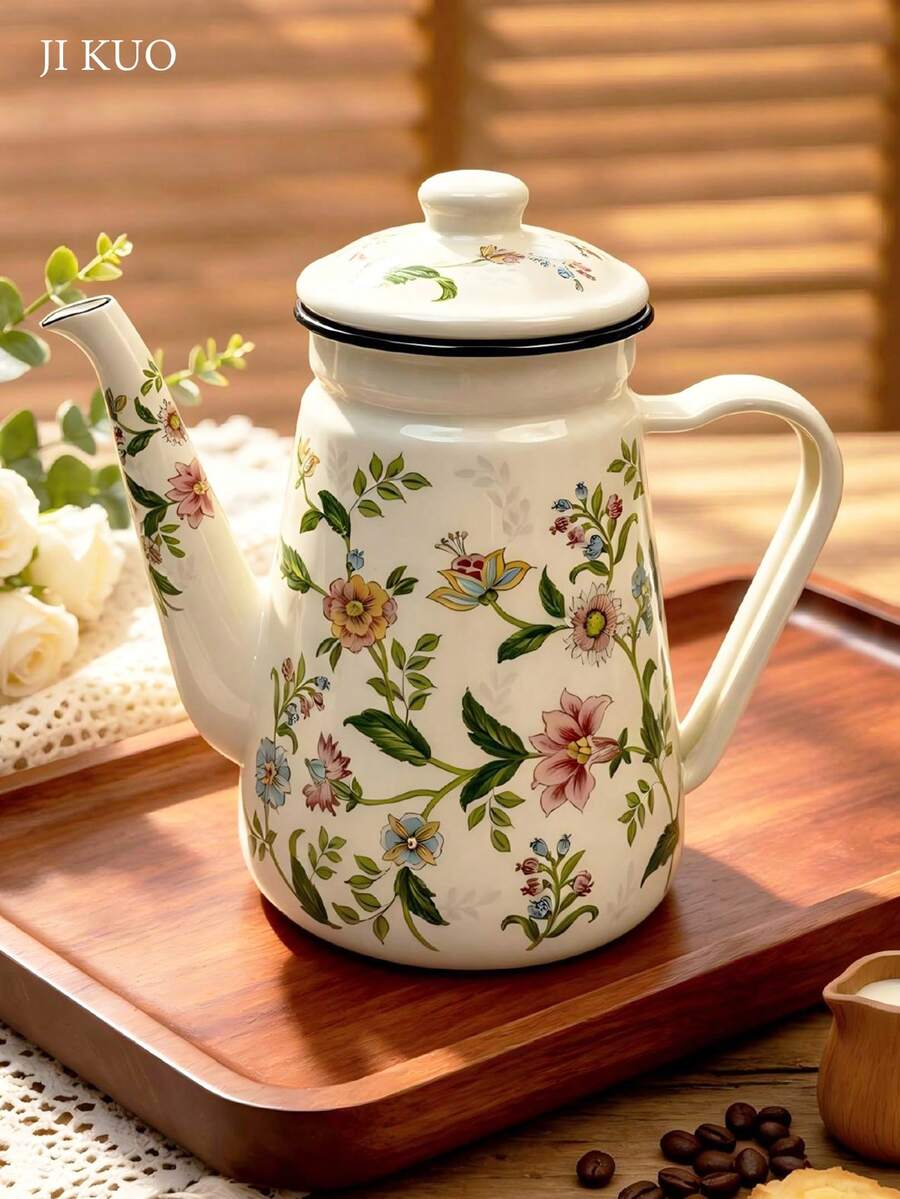 1pc 1.1L Enamel With Lid Floral Pattern Teapot, Enamel Material, Vintage Style Coffee Pot, Suitable For Kitchen And Bedroom, Compatible With Gas And Induction Cooktops, Exquisite Back To School Gift. - Multicolor Teapot - View 1