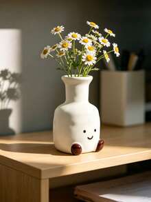 1pc Cream White Soothing Soft Cute Smiling Face Brown Feet Resin Vase, Cream White Glossy Hammered Texture Long Neck Vase, Suitable For Windowsill, Desktop, Bookshelf, Dining Table Centerpiece Decoration, Living Room Bedroom Home Decor, Can Hold Dried Flowers And Fresh Flowers - New Model - View 5
