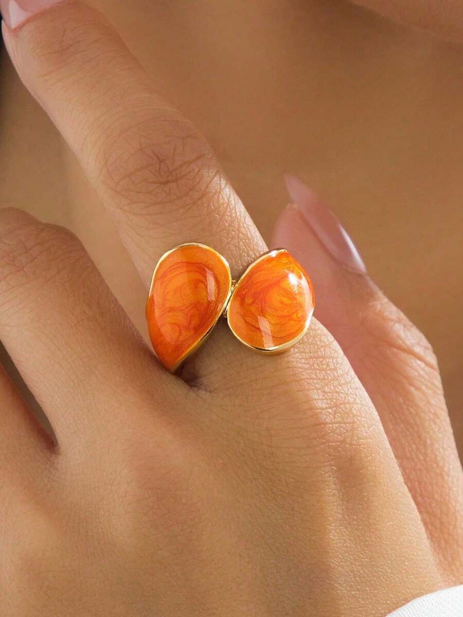 1pc Elegant Minimalist Vintage Classic Handmade Drip Oil Orange Geometric Women's Ring, Bright Passionate Summer Style - Orange - View 1