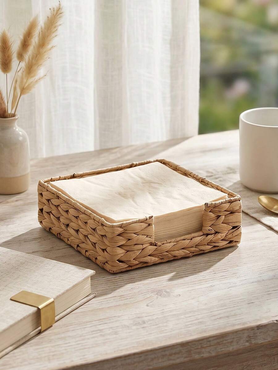 1pc Square Water Hyacinth Napkin Holder, Handwoven Wicker Napkin Basket, Rustic Tabletop Napkin Tray For Kitchen, Dining Room & Restaurant, Natural Farmhouse Decorative Tissue Organizer, Boho Decor, Handmade, Compact Multipurpose, - Brown - View 1