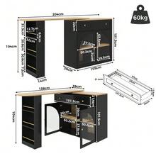 Extendable Bar Table With Storage (138-204*39*104cm), 360° Swivel Bar, Modern Mobile Bar Table, High Kitchen/Bistro Island Table, Sideboard With Shelves And Glass Doors, Black - Black - View 2