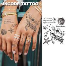 JKCODE TATTOO OCEAN MINIMAL TATTOO-草本紋身貼紙 INS 風格可愛設計-INS 風格-海洋主題島嶼風格圖案-鯊魚紋身-女孩可愛紋身時尚配件，手指、手、頸部，持久防水 15 天 - 淺灰色 - 查看 4