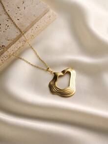 1pc Fashionable Personalized Stainless Steel 18K Gold Plated Geometric Asymmetrical Heart 3D Line Textured Pendant Necklace, Clavicle Chain Jewelry For Women, Suitable For Party And Date - Gold - View 2