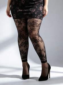 Women's Plus Size Cropped Length Fishnet Leggings, Floral Jacquard Tights, Sexy Fishnet Stockings, Suitable For Halloween, Christmas, Party And Daily Wear - Black - View 4