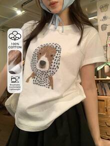 Damen-Kurzarm-T-Shirt  Kurzarm-T-Shirt für Damen mit Rundhalsausschnitt und Cartoon-Welpen-Print, koreanischer Stil für Frühling/Sommer - Weiss - Übersicht 10