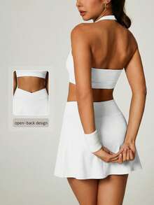 NcmRyu Conjunto deportivo de top sin espalda y minifalda de unicolor para mujer - Blanco - Ver 10