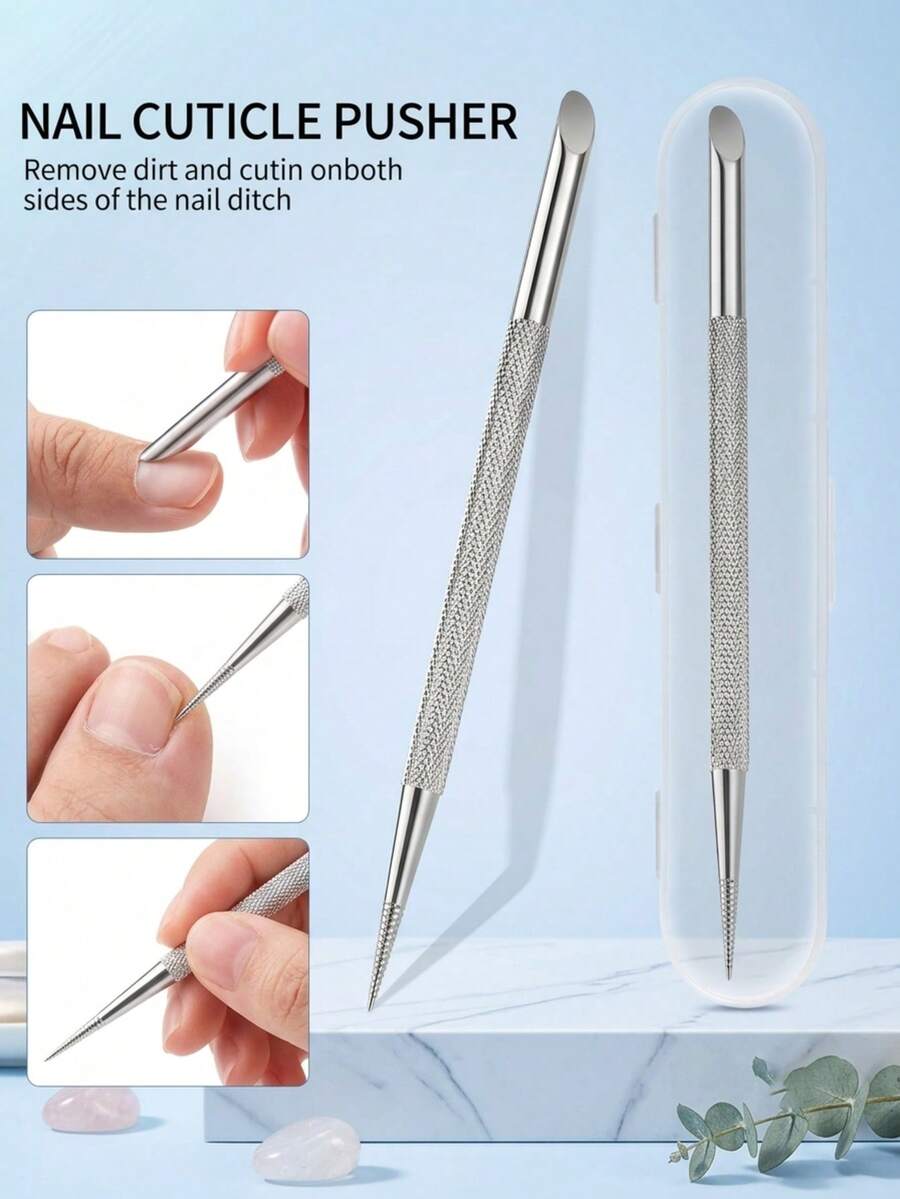 2 piezas Empujador de cutículas de acero inoxidable de grado profesional con doble extremo, raspador de acero antideslizante para exfoliar los bordes de las uñas, cuidado de manos y pies unisex, limpieza de grietas de las uñas, juego de herramientas estándar para salón de uñas y DIY