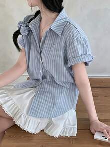 Women's Fashion Button Striped Shirt Collar Short Sleeve Top, Suitable For Daily Wear With Headband Summer - Baby Blue - View 1